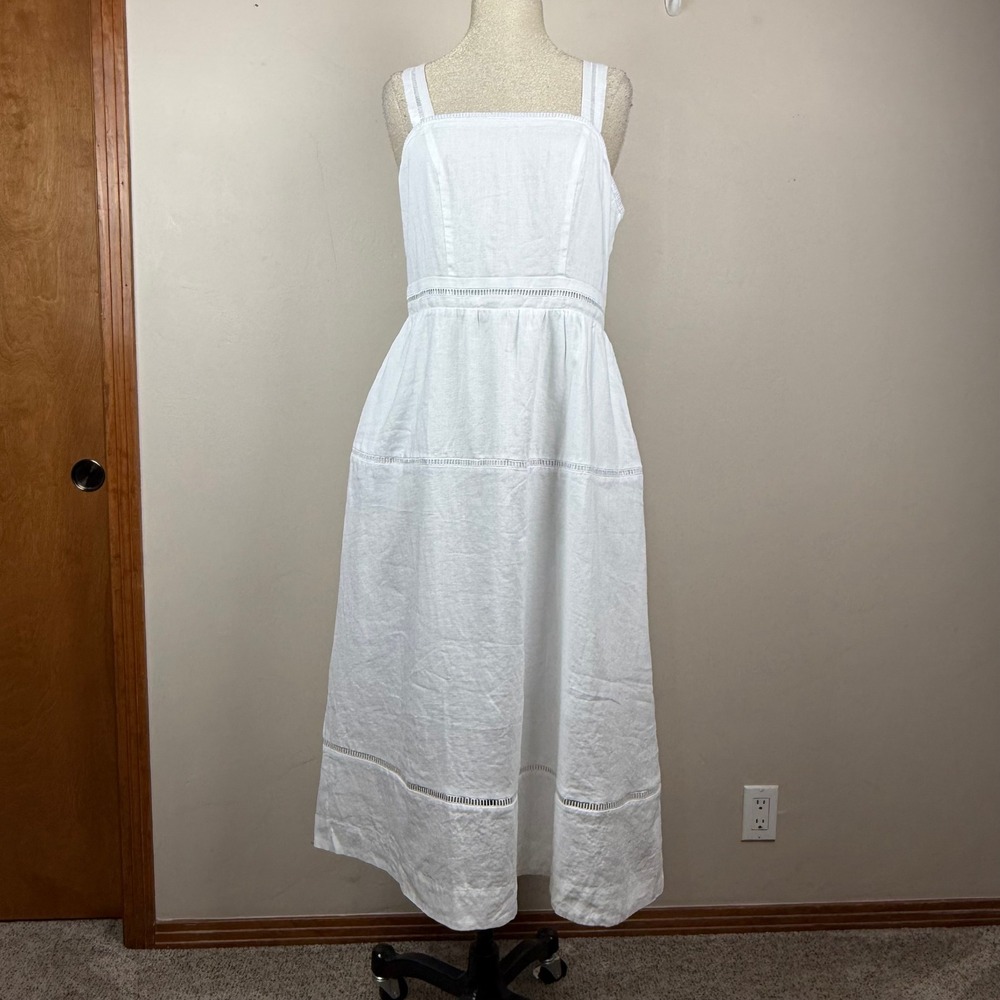 Quince Linen Ladder Stitch Dress Womens L White Dress Minimalist Cottage Prairie